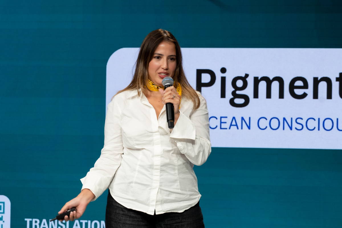 Amal Chebbi, founder of PigmentOCO, during her pitch at Avantex Fashion Pitch Awards 2026.