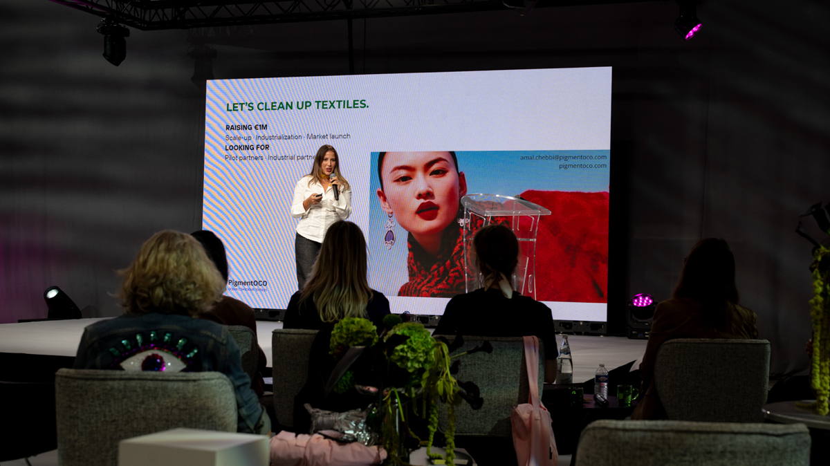 Amal Chebbi, founder of PigmentOCO, during her pitch at Avantex Fashion Pitch Awards 2026.