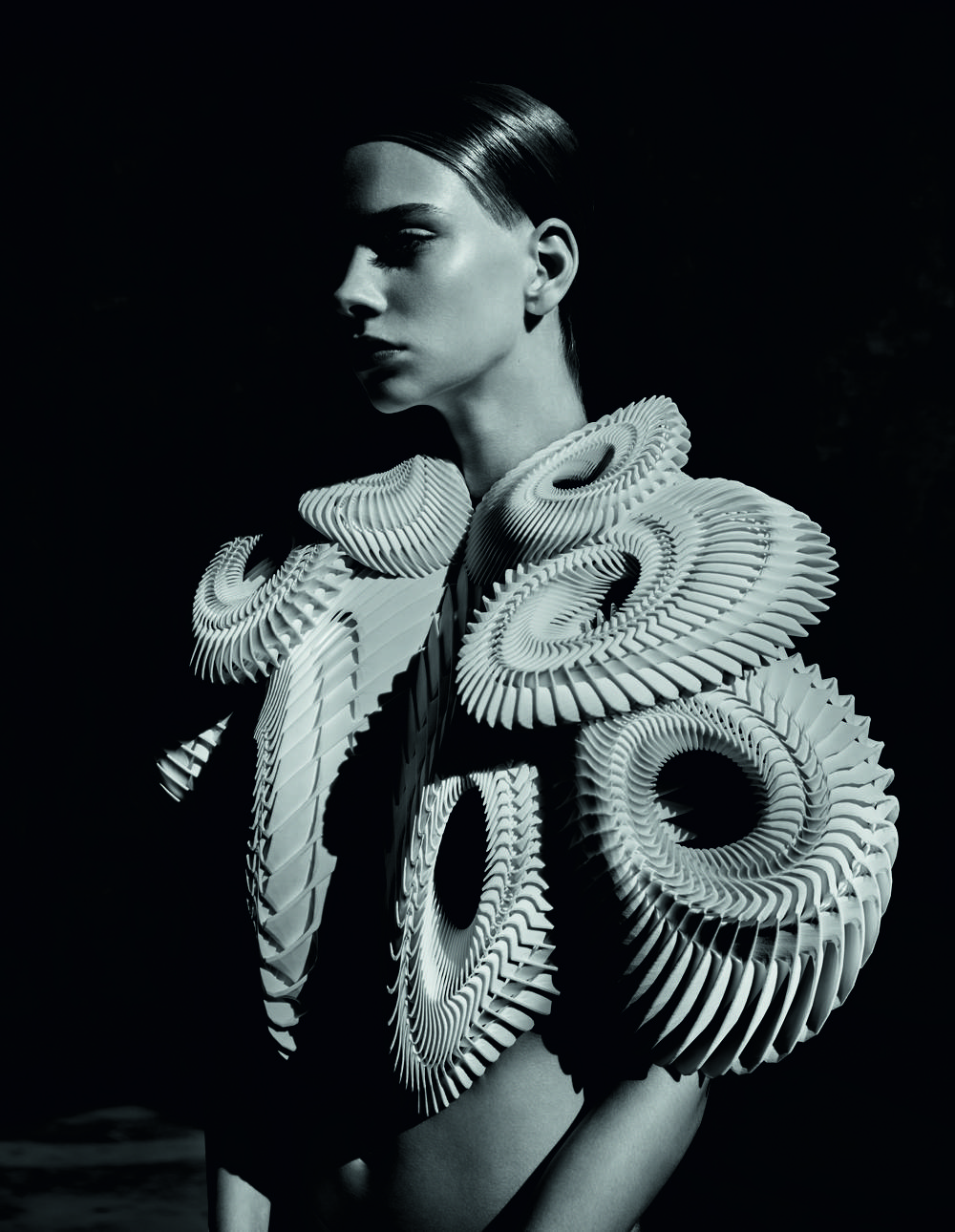 Iris van Herpen. ‘Hypnosis Speed’ top, Capriole collection, Haute Couture fall/winter 2011-12. Utilising selective-laser-sintering 3D printing technologies, made from polyamide Photo by Sølve Sundsbø. Model: Kyona van Santen