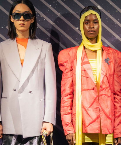 Blazer by Laura Gerte, dress & headscarf by Katharina Dubbick, brooches by Folkdays, glasses by Chpo Brand, shoes by Balenciaga at Nightboutique Archive as well as a blazer by Maximilian Mogg, skirt & bag by People Berlin, trousers & body by ...