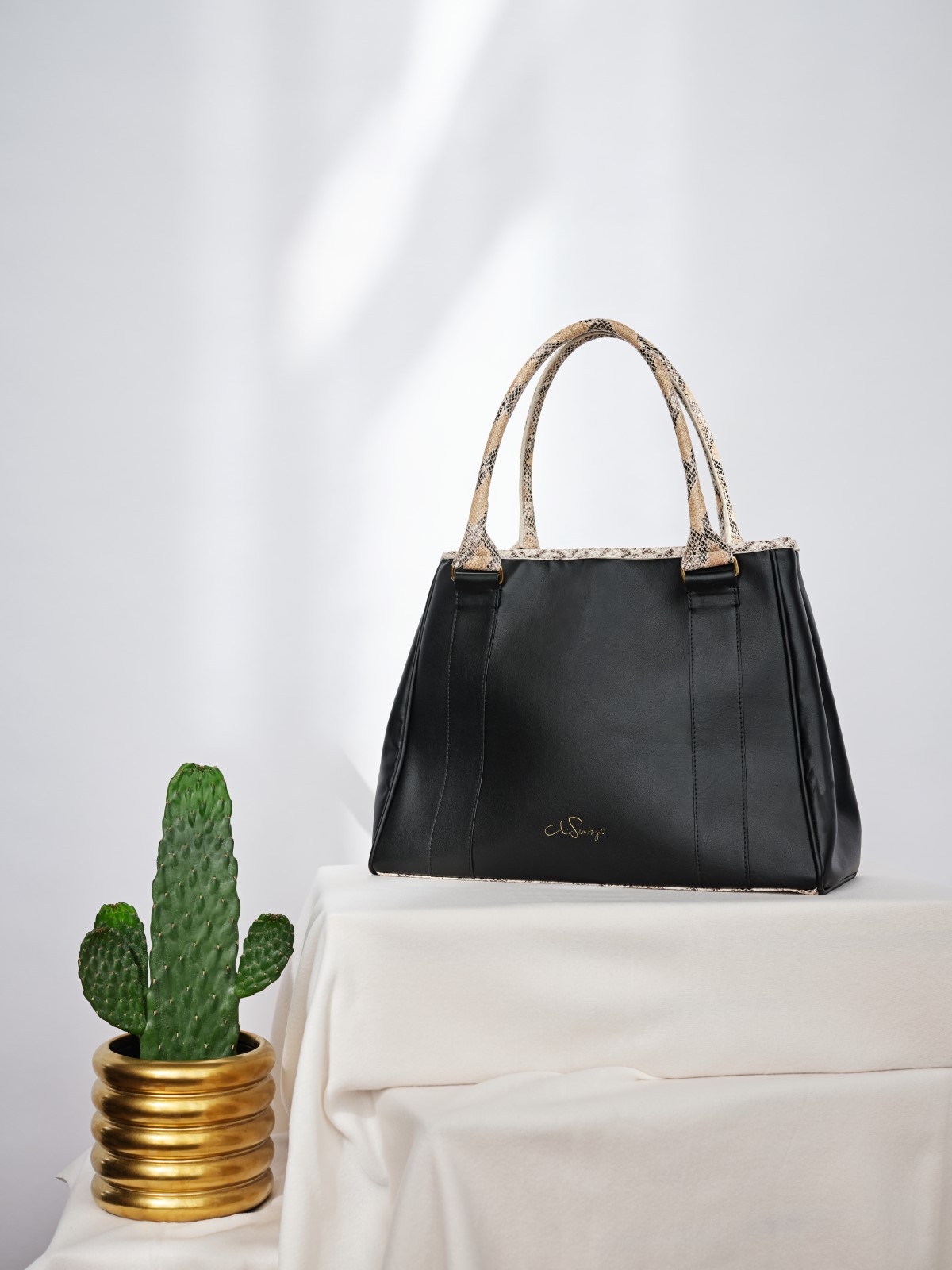 Black Vegan Leather Handbag With Cactus.